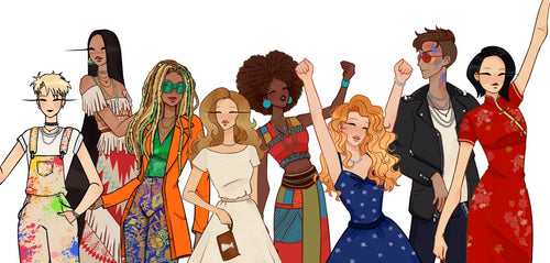 Illustration of diverse women in various outfits with a white background